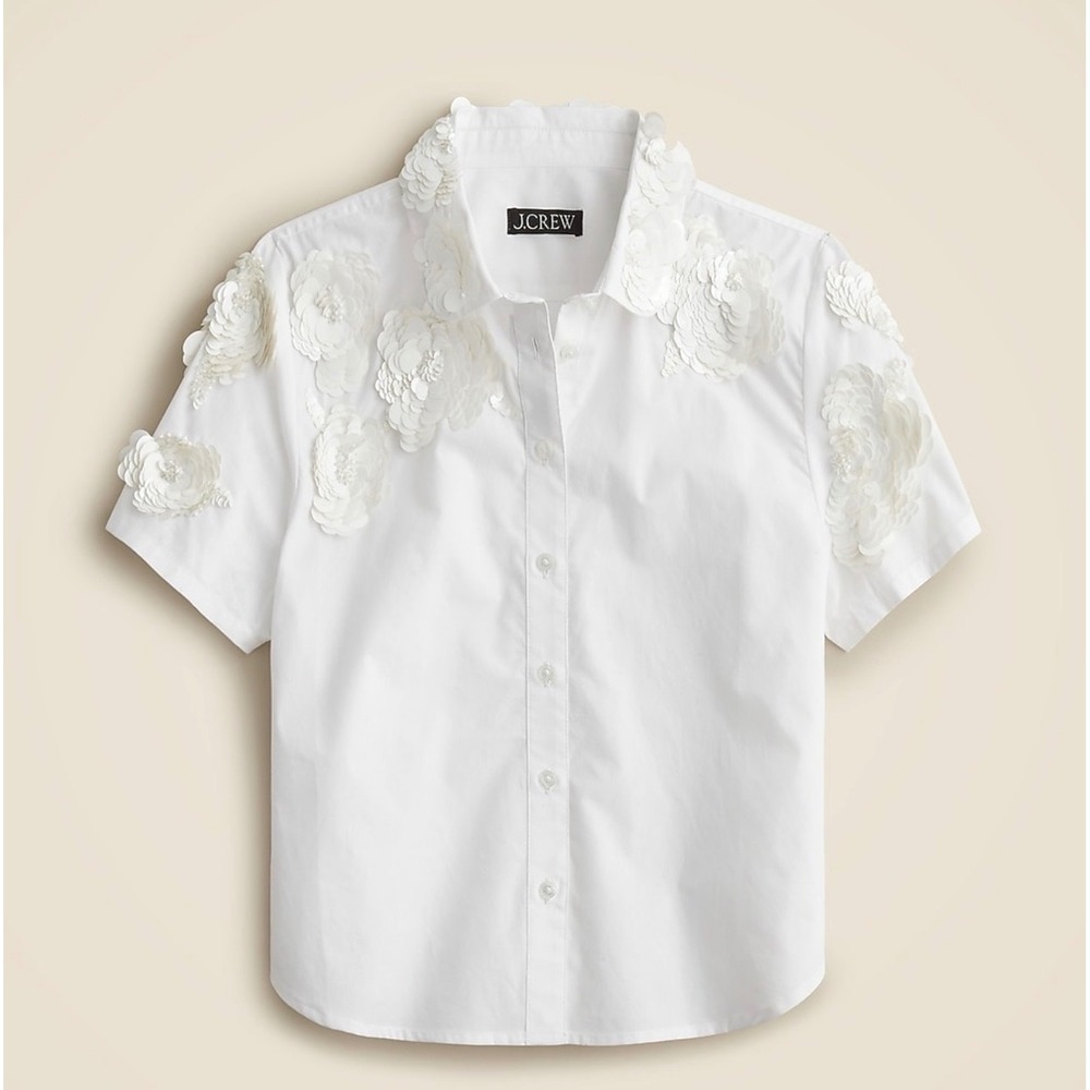J Crew Collection White Sequin Floral 3D Applique Button Front Shirt Sz 6 Cotton